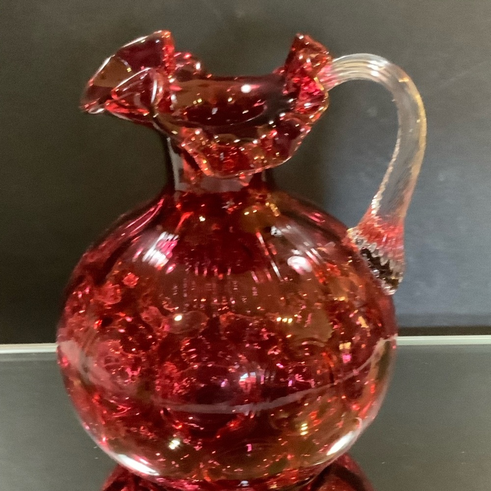 Fenton Pitcher Cranberry Coin Spot 6 3/4 Tall Applied Handle Glass #63